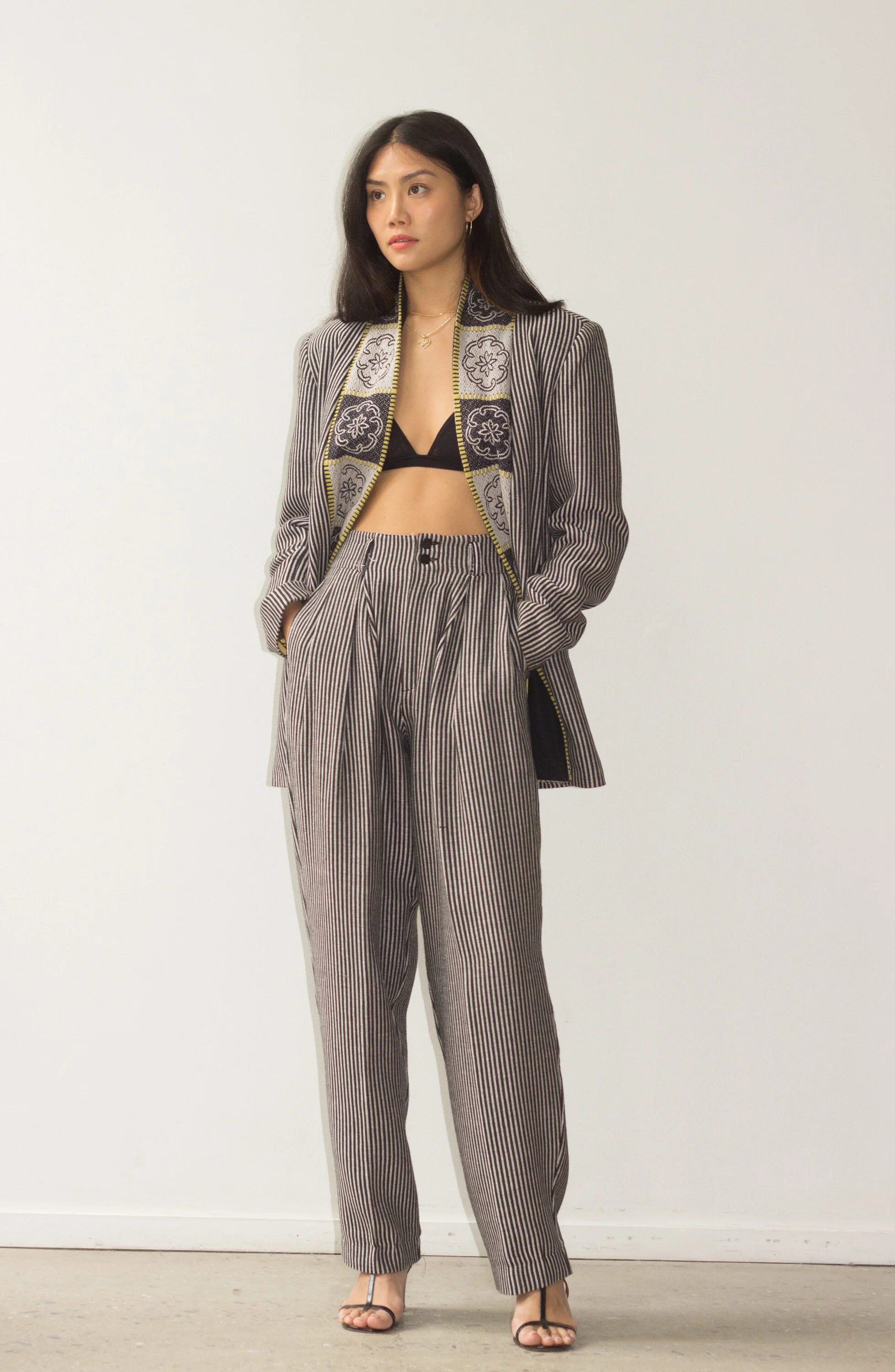 1990s Vivienne Tam Striped Wool Shawl Collar Suit — Wayward Collection